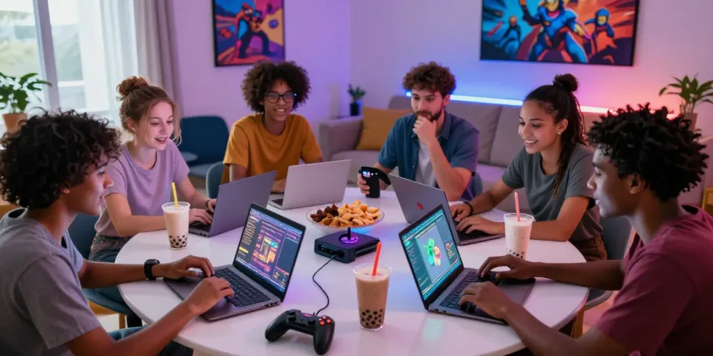 Friends enjoying an exciting gaming session with kilat404 games in a vibrant living room.