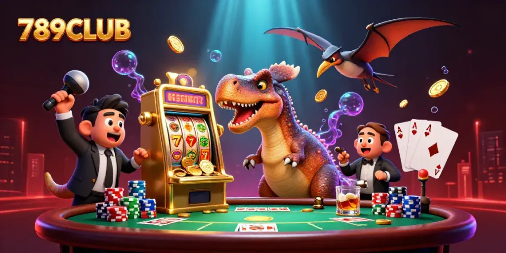 Experience the thrill of 789CLUB with a dynamic 3D casino illustration featuring fantastic characters and slots.