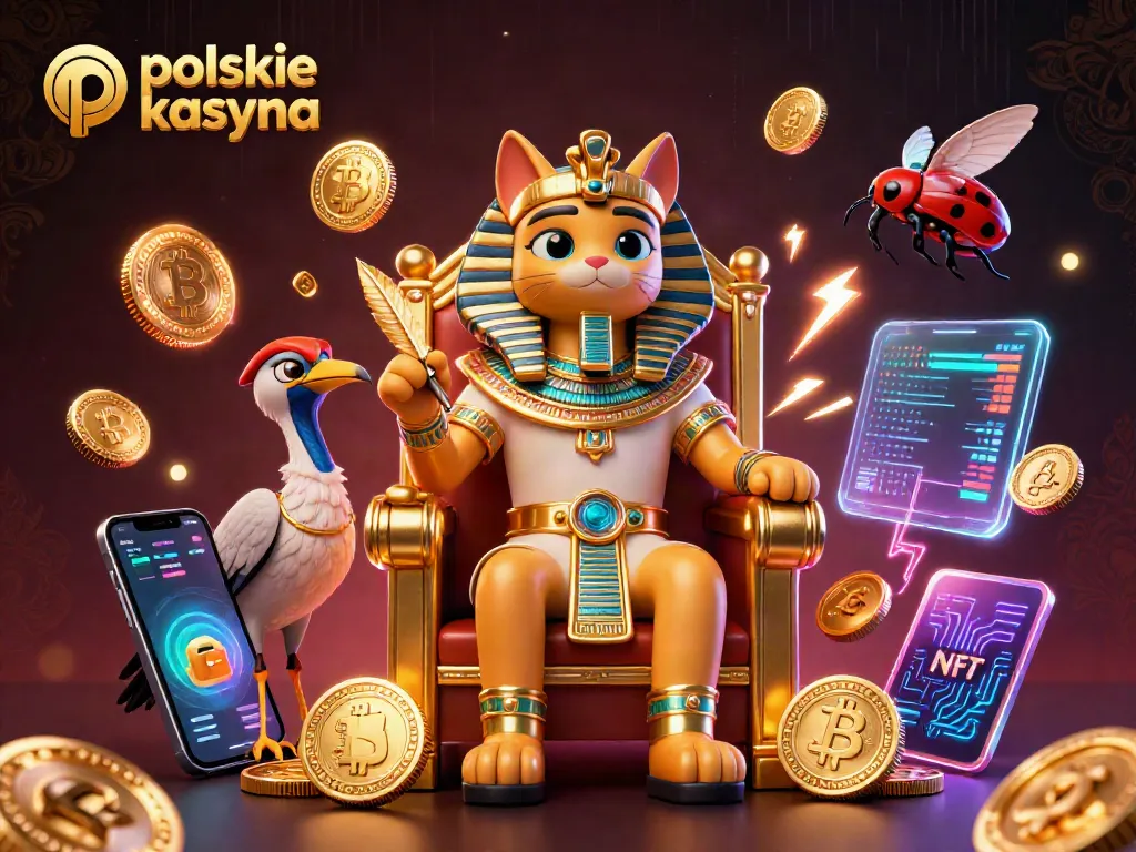 Experience the excitement with polskie kasyna online as an animated pharaoh cat reveals winning strategies amidst a vibrant casino scene.
