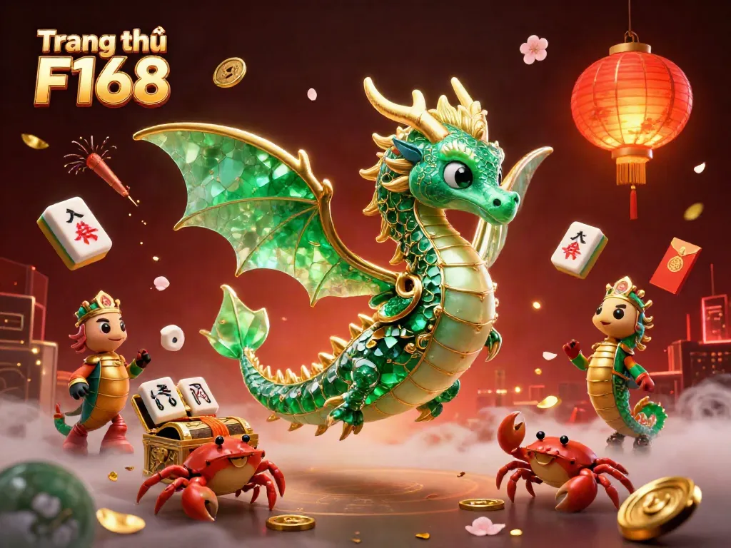Experience the excitement of Trang chủ F168 with a vibrant 3D scene featuring a treasure-carrying sea dragon and festive elements.