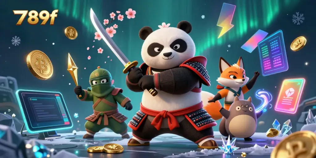 Experience thrilling gaming action with the vibrant characters in 789f, showcasing samurai panda, ninja fox, and tanuki, amidst digital coins.