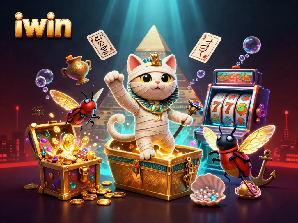 iwin's Egyptian-themed casino scene features an adventurous mummy cat and golden scarab in a vibrant display.
