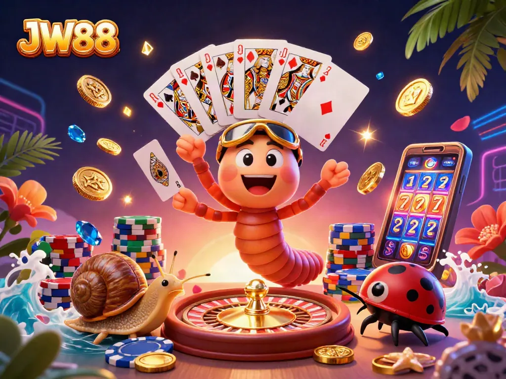 Engage with JW88's vibrant casino world featuring a 3D cartoon dealer fanning cards and high-rollers.