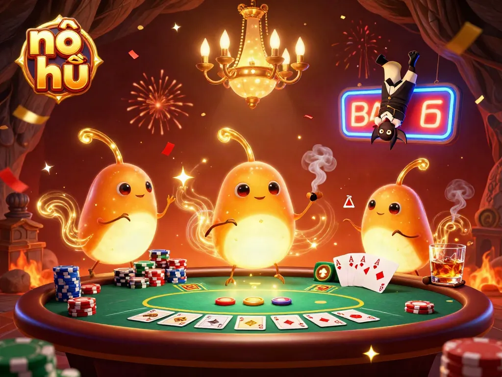 Engage in nổ hũ action with glowworms illuminating a lively casino scene.