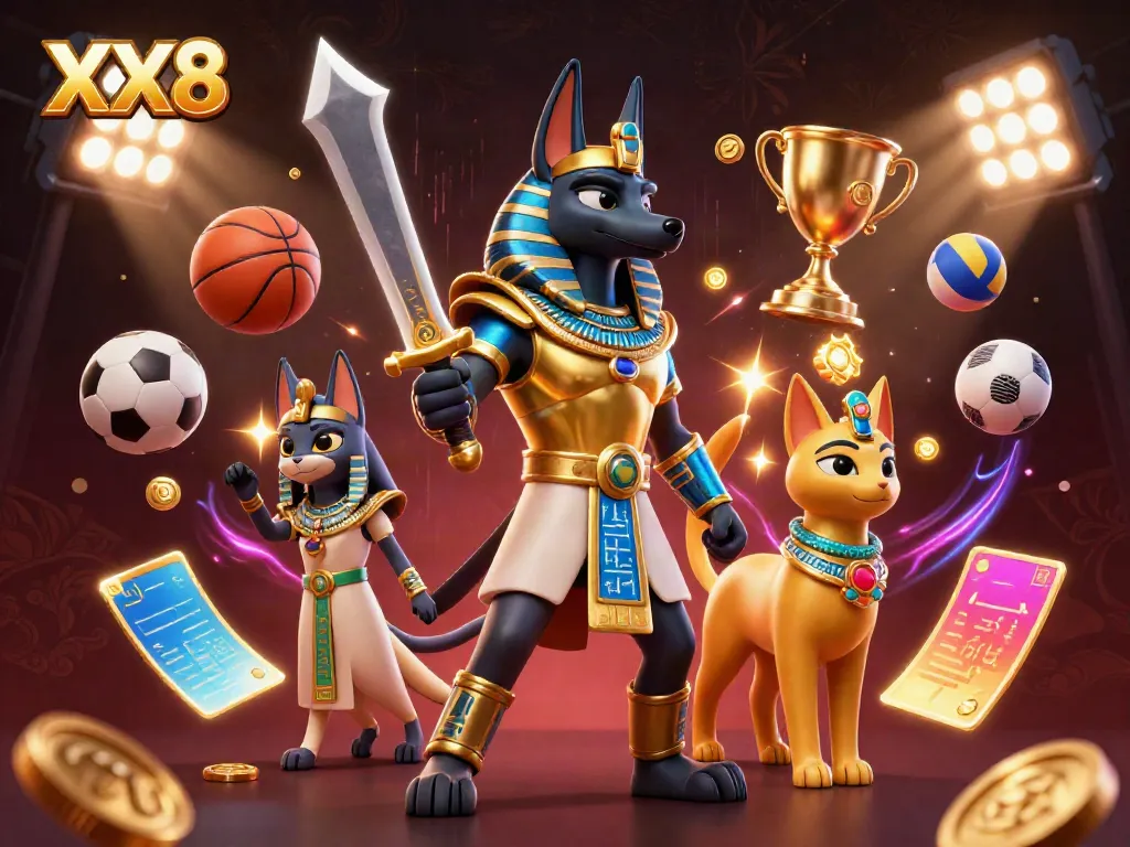 Experience thrilling sports action with XX8's dynamic betting scene featuring Egyptian warrior and cat companions.
