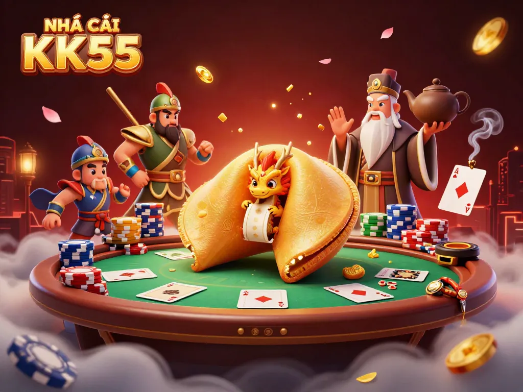 Witness NHÀ CÁI KK55's immersive gaming experience with a magical scene of fortune and festive cheer.