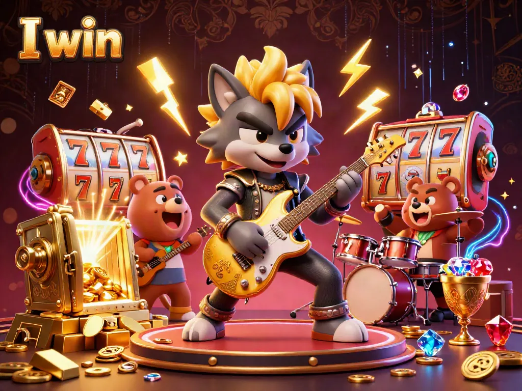 I win as a vibrant casino scene with a rock star wolf and drummer bear amidst slot machines, gold bars, and jewels.