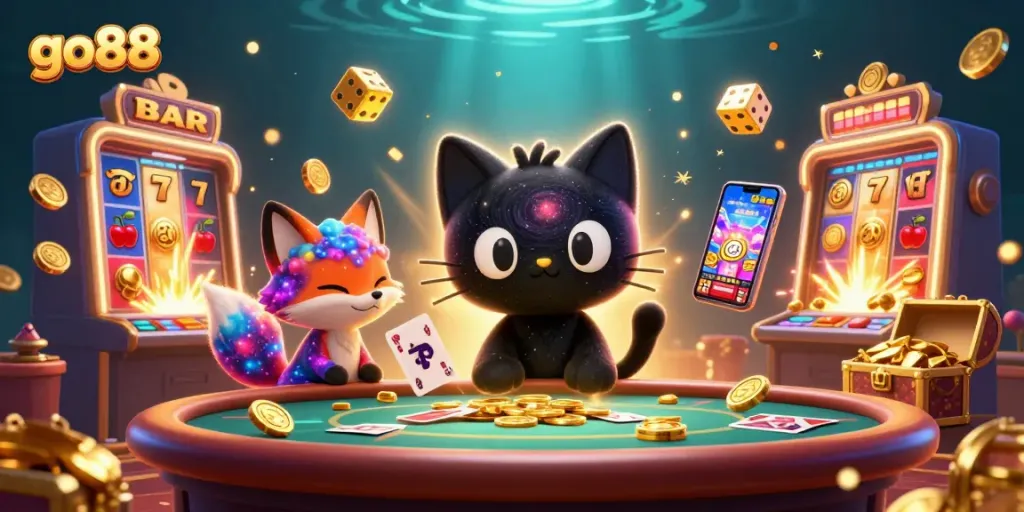 Experience the cosmic charm of go88's game table with golden chips and vibrant characters.