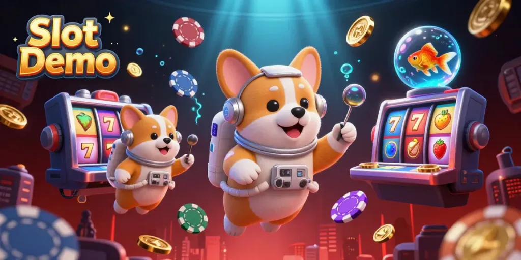 Experience the vibrant Slot Demo with a floating 3D astronaut corgi in a casino, surrounded by colorful gaming elements.