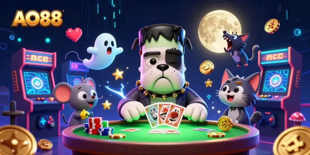 Engage with AO88 in a vibrant casino scene featuring cartoon characters and exciting gaming elements.