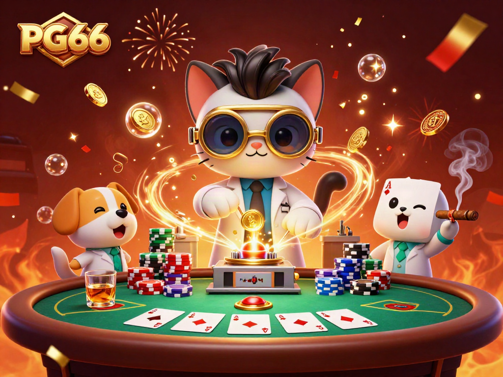 Join PG66's gaming thrills as a mad scientist cat and dog create riches!