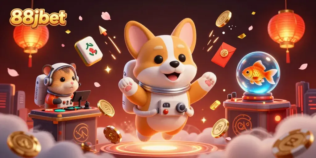 Experience the excitement of 88jbet in a dynamic casino scene featuring floating poker chips and charming characters.