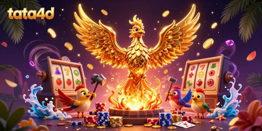 Engage in thrilling slot gameplay with tata4d as golden coins cascade from a molten phoenix amidst vibrant gaming elements