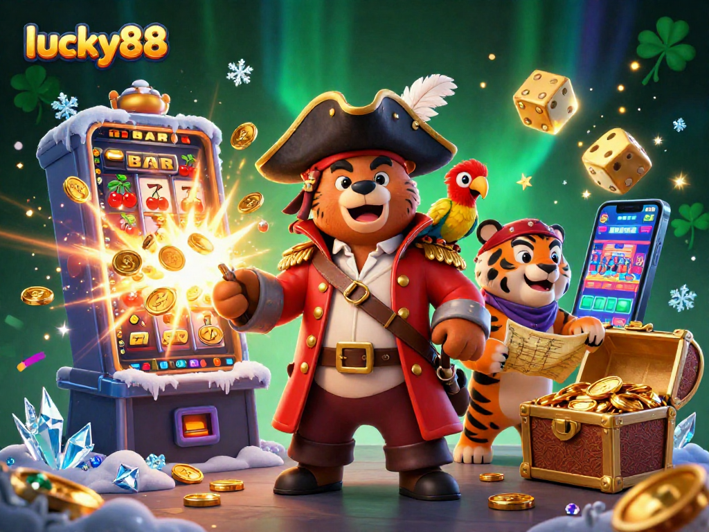 Experience thrilling wins with lucky88 in this vibrant 3D pirate-themed casino scene featuring captivating characters.