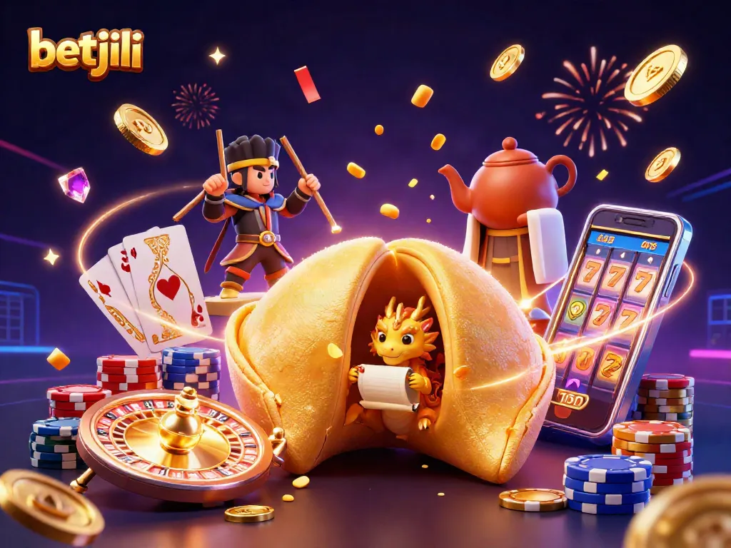 Engage with betjili's thrilling casino adventure, featuring a dynamic scene with a golden fortune cookie and various game elements.