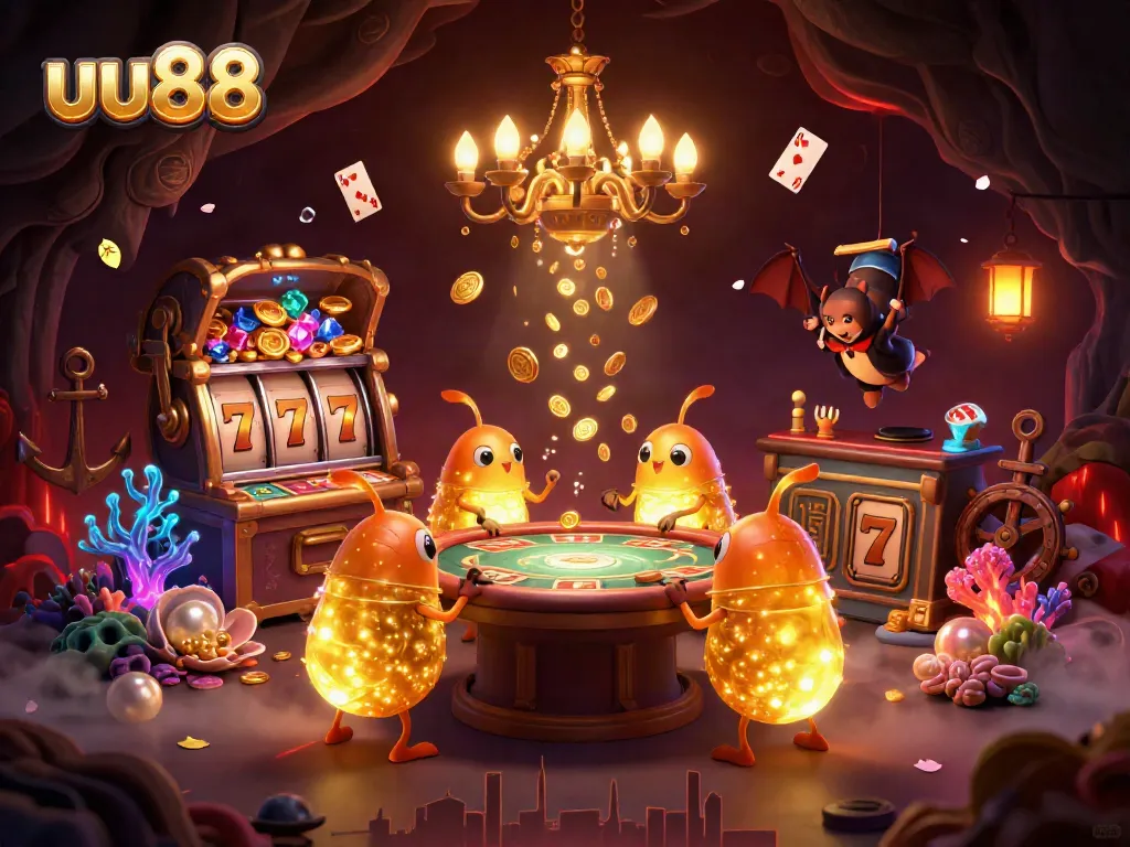 Engage with the vibrant uu88 casino scene featuring glowworms and a bat dealer amid slot elements and treasure.