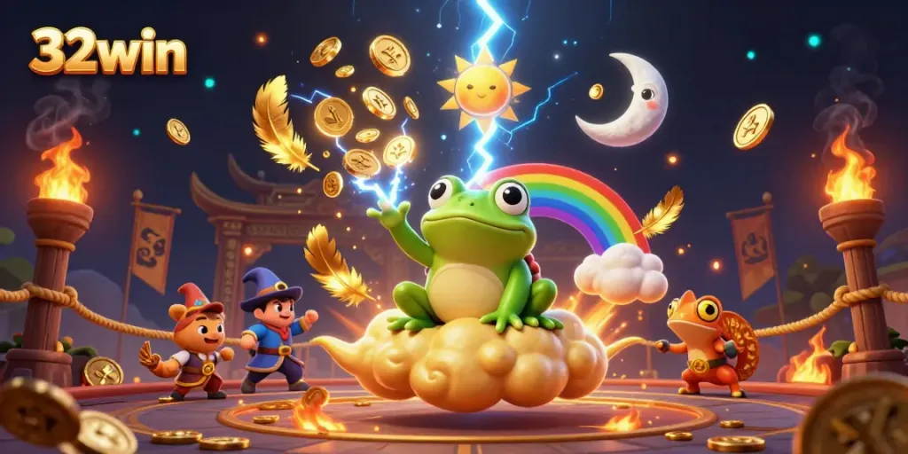 32win's captivating casino adventure features a wizard frog and chameleon in a cloud of gold coins.