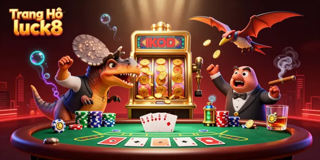 Engaging scene showcasing Trang Chủ luck8 with dinosaurs involved in a thrilling gambling moment, vibrant colors and dynamic elements.