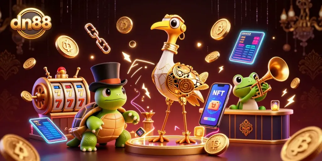 Engage with dn88's dynamic casino scene featuring slot reels and crypto elements in a vibrant illustration.