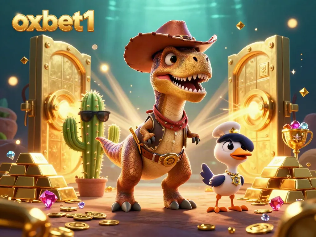 Engage in thrilling gameplay with oxbet1 featuring a T-Rex dinosaur and vibrant casino elements.