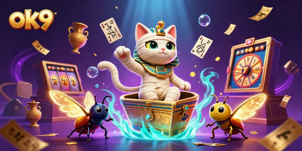 Experience thrilling gaming adventures with ok9 showcasing a cartoon mummy beside colorful slot reels and gold elements.