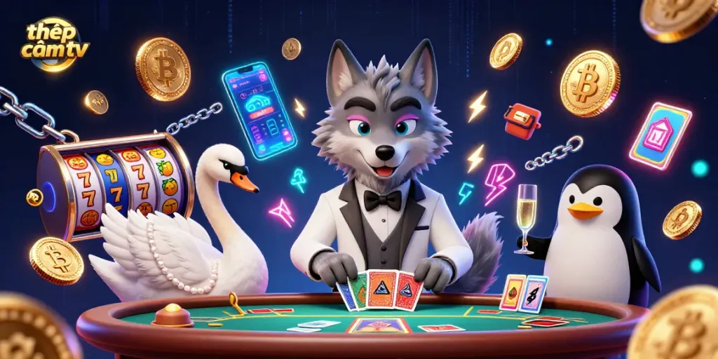 Engage with thập cẩm tv at an exciting baccarat table, featuring charismatic characters and crypto elements.