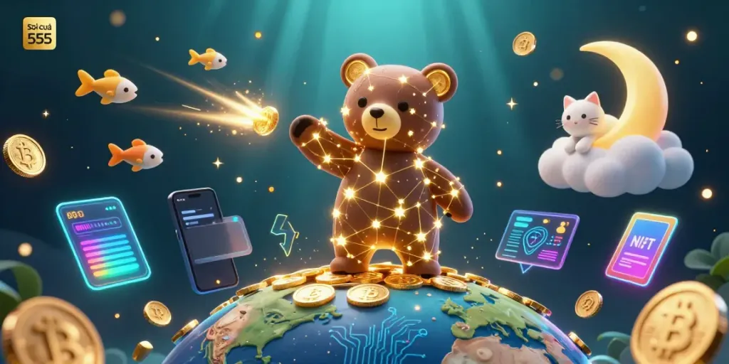 Soi cầu 555 showcases an imaginative 3D illustration featuring a constellation bear scooping coins, highlighted by crypto elements and a vibrant background.