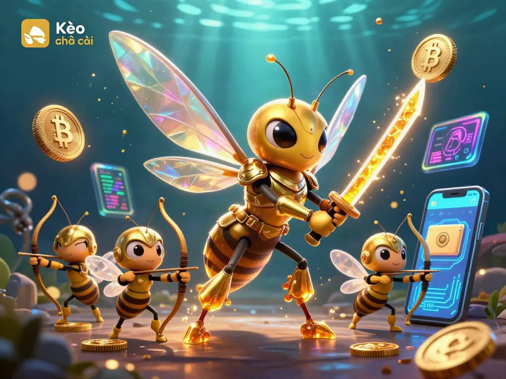 Kèo nhà cái scene showcasing a dynamic bet with Bitcoin and Ethereum elements, highlighting sports betting action and vibrant details.