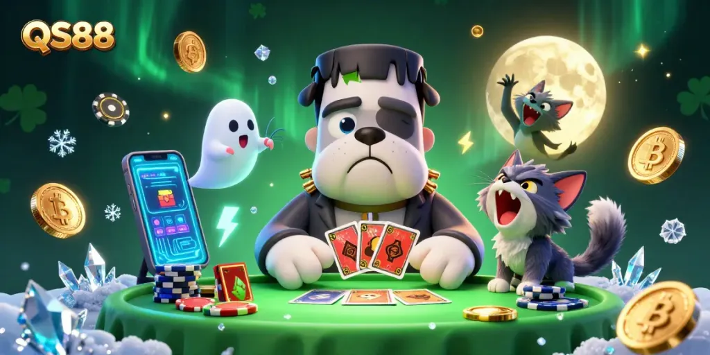 Experience thrilling moments with QS88 as a Frankenstein bulldog monster deals cards surrounded by enchanting ghosts and crypto elements.