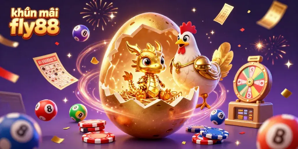 Experience the excitement of khuyến mãi fly88 with golden dragons and colorful game elements in this 3D illustration.