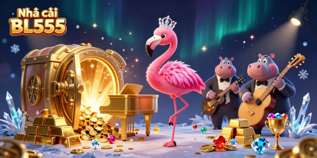 Experience thrilling games at Nhà cái BL555 with vibrant casino characters and rich treasures depicted in a dynamic scene.