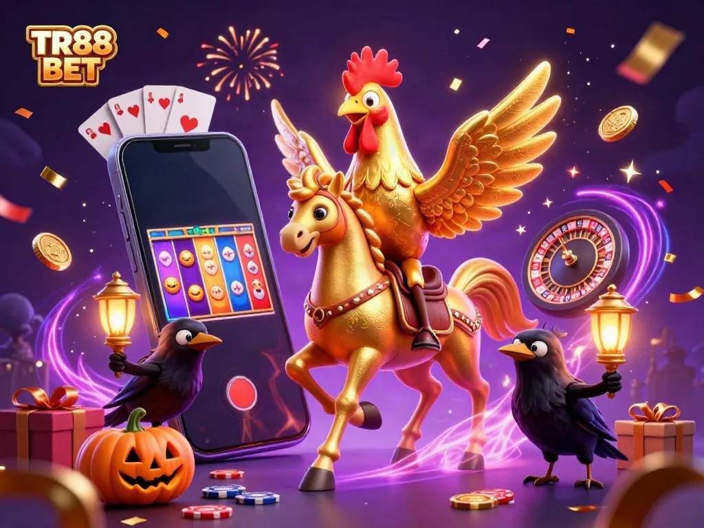 Experience thrilling gameplay with TR88 BET in a vibrant midnight casino scene featuring a golden rooster and dynamic gaming elements.