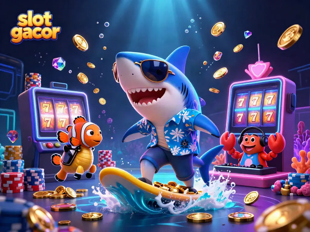 Visual slot gacor yang menarik, dengan karakter kartun di lautan koin emas, menunjukkan keseruan bermain slot.