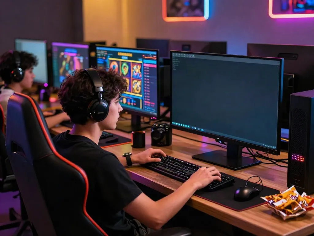 Engaging slot gaming setup with player focused on vibrant screen and colorful accessories.
