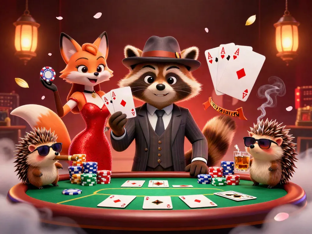 Win with strategic gameplay at cm88com with a raccoon holding a royal flush at a lively poker table.