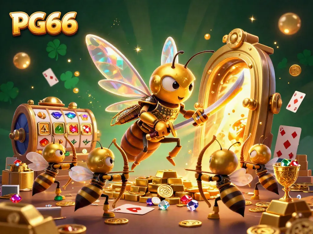 Experience PG66's thrilling gaming environment with vibrant 3D illustrations of golden hornets and treasure.