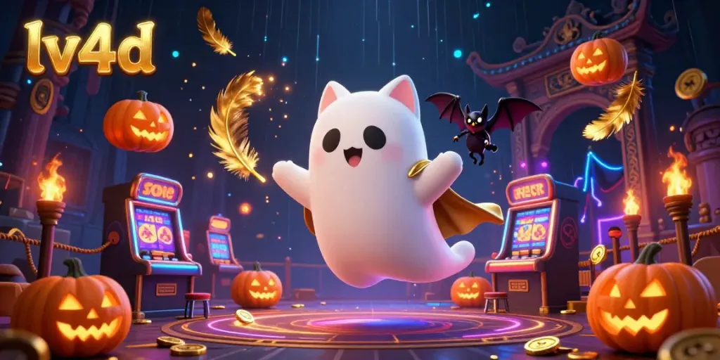 Experience thrilling gameplay with lv4d's ghost cat and bat duo in a haunted casino scene.