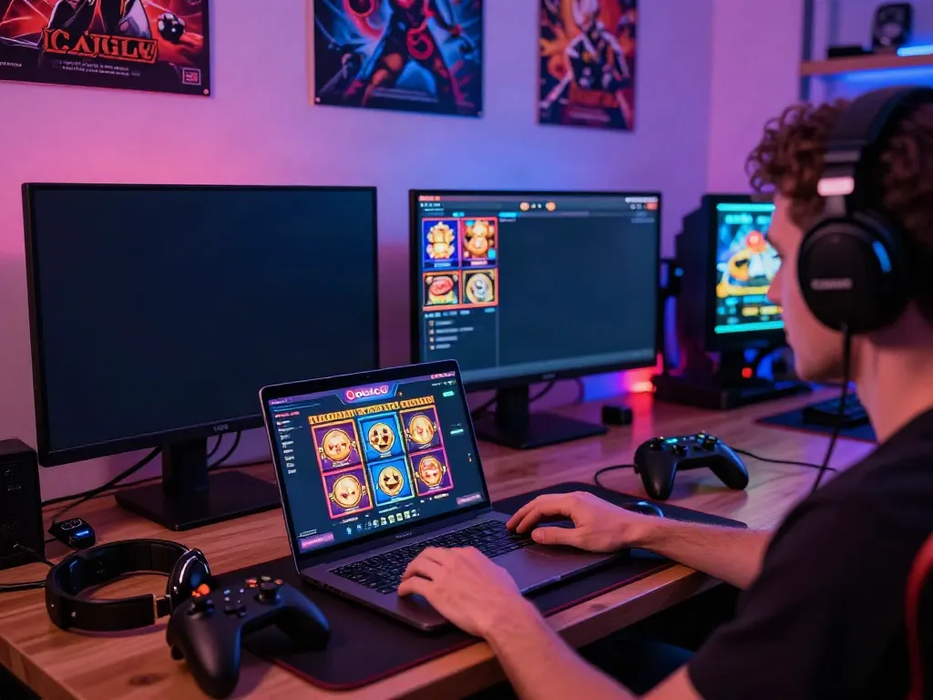 Player engaging with ODDIGO's slot games on a modern laptop, vibrant gaming atmosphere.