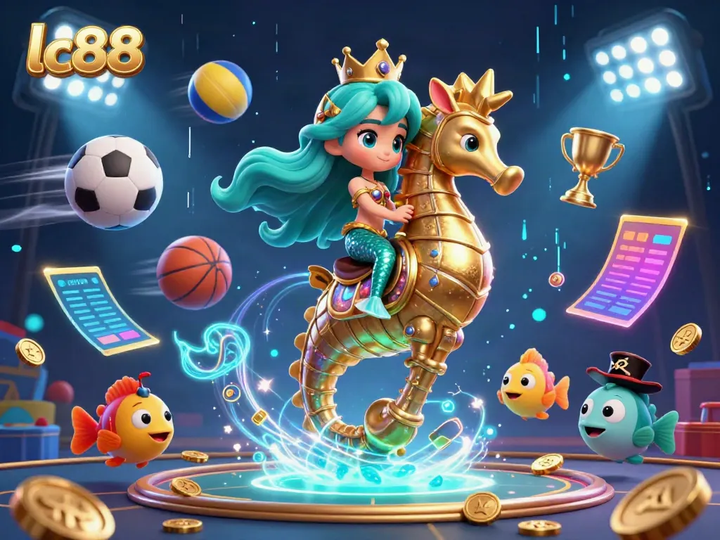 Experience the dynamic sports betting scene with lc88 featuring a mermaid princess and seahorse, surrounded by vibrant gaming elements.