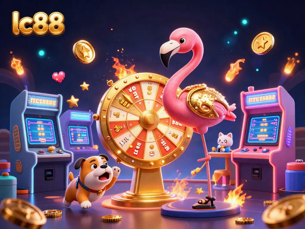 Engaging lc88 action as game show host spins the prize wheel amid digital gaming elements.