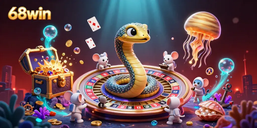 Experience thrilling bets at 68win with astronaut mice and a cosmic dealer in an animated roulette scene.