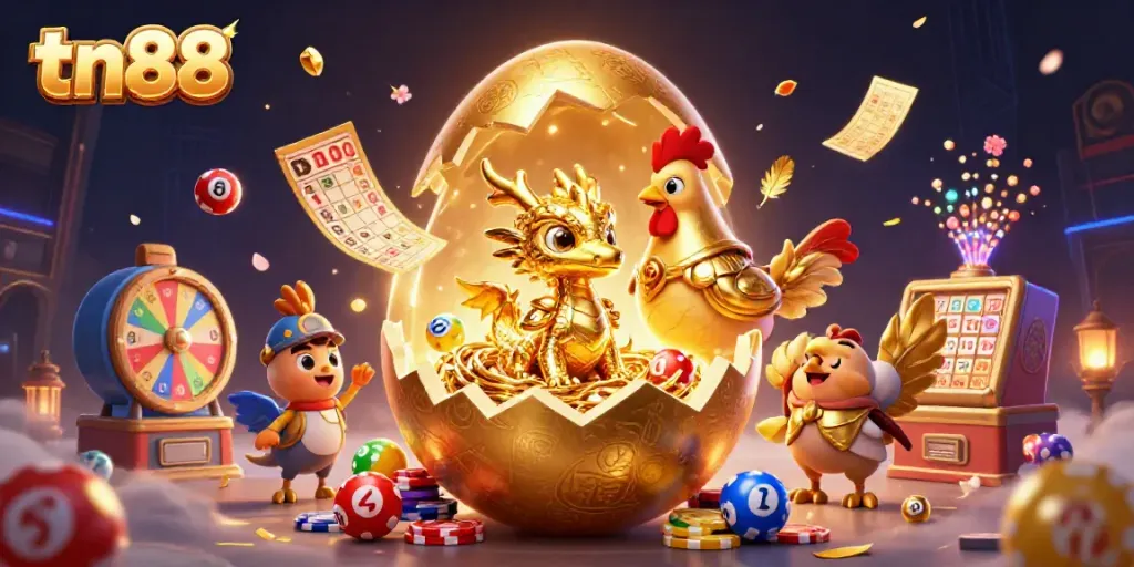 Experience the excitement of tn88 with a dynamic 3D illustration showcasing a golden dragon and poker elements in a vibrant casino scene.