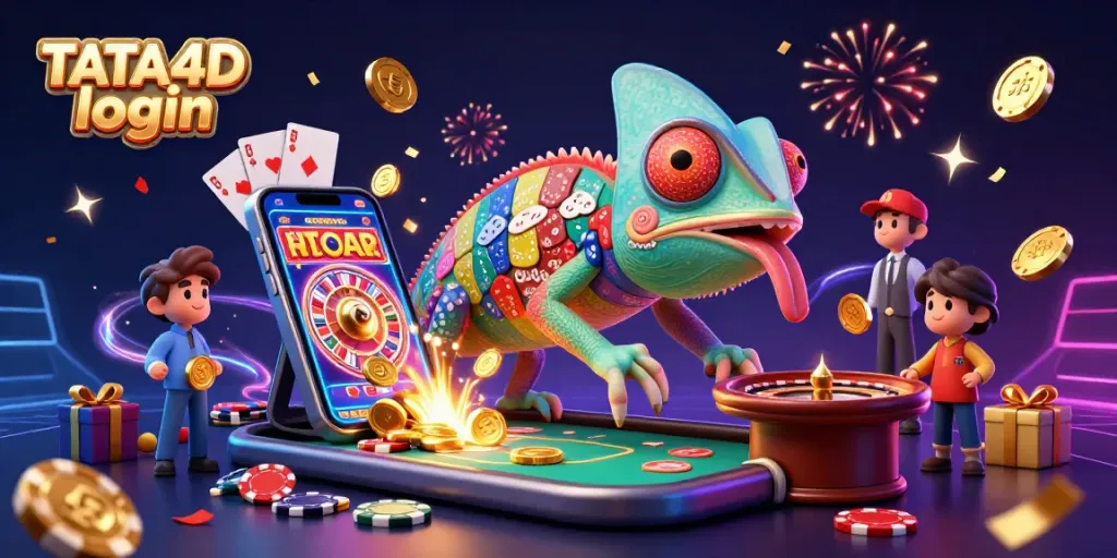 TATA4D login energizes gamblers with a vibrant casino scene featuring a chameleon casino owner.