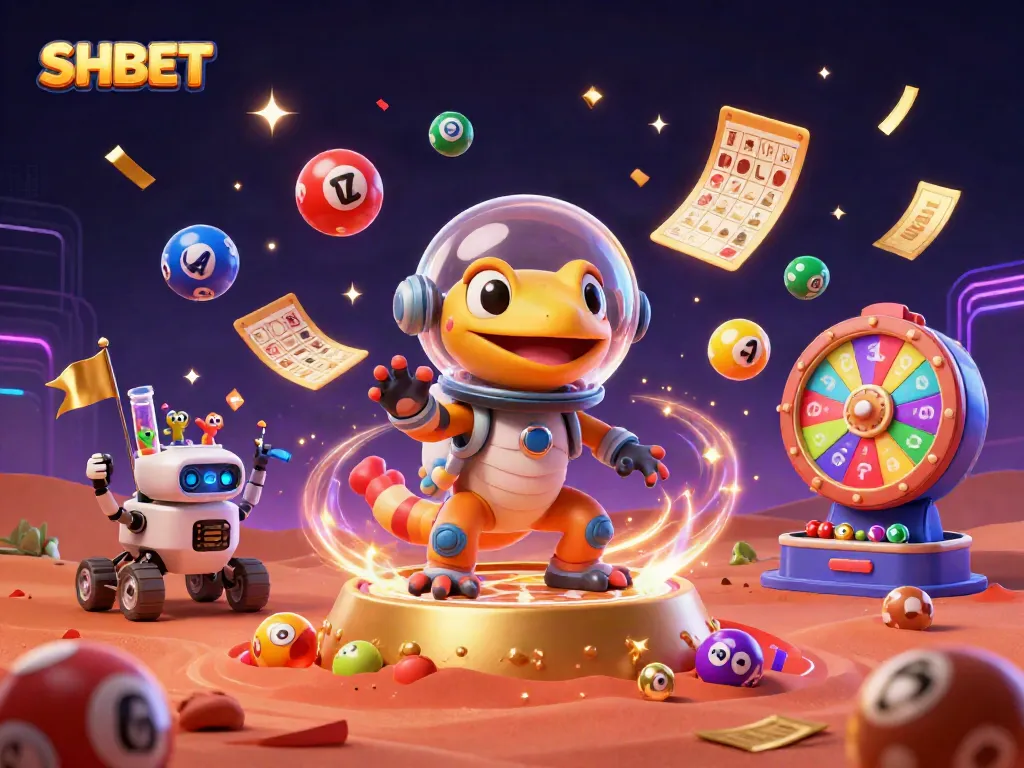 Experience winning moments at SHBET with a vibrant 3D casino scene featuring lottery elements.