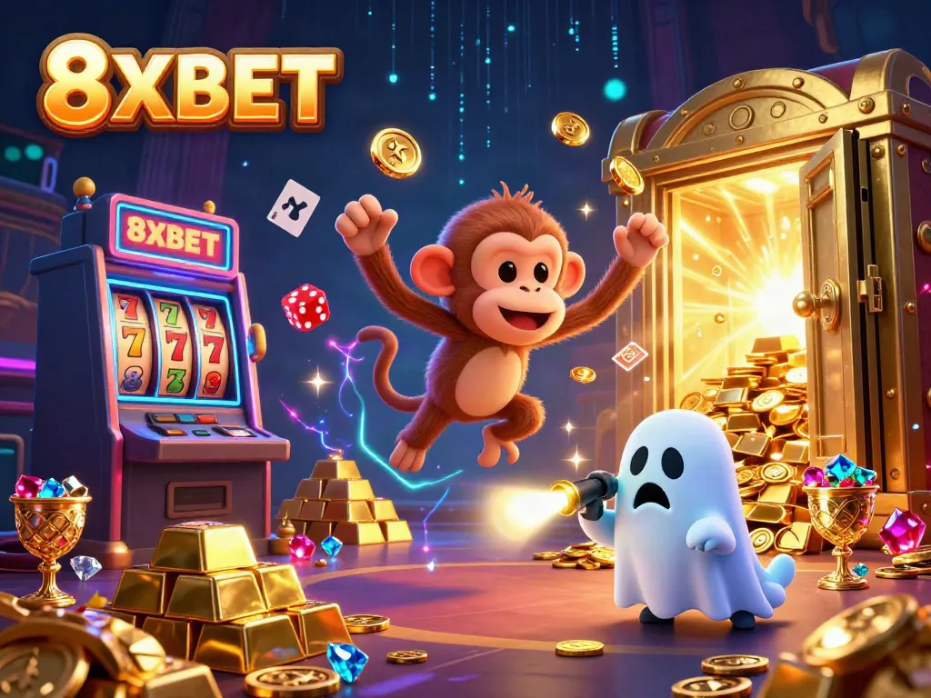 Experience the thrill of 8XBET with a mischievous monkey juggling casino treasures in a haunted setting.