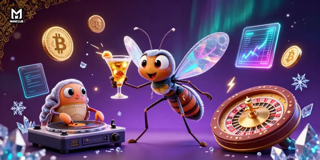 Engage at MANCLUB with a vibrant scene showcasing casino elements and characters like a quirky mosquito mascot.