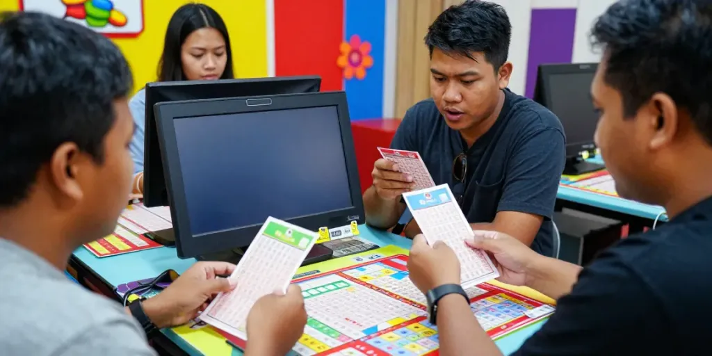 Kumpulan pemain Situs Toto merayakan kemenangan di lingkungan ceria, dikelilingi tiket lotere berwarna-warni.