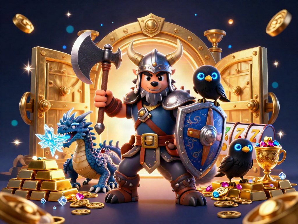 Win big at me999 with a vibrant scene depicting a Viking warrior, treasure, and casino game elements.