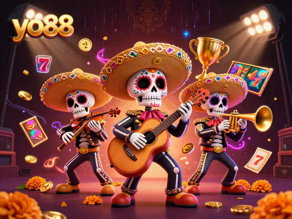 Play top slots at yo88 while enjoying a vibrant Mariachi-themed casino illustrated scene.