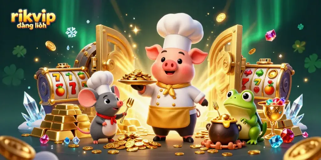 Experience rikvip đăng nhập with a dynamic scene of a chef pig, sous-chef mouse, and critic frog amidst gold and casino elements.